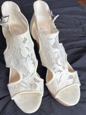 Fergalicious Cream Lace Peep-Toe Wedge Sandals